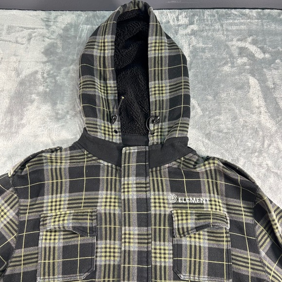 Element Plaid Sherpa Lined Hooded Jacket Mens Large Black Green Full Zip - Picture 2 of 7